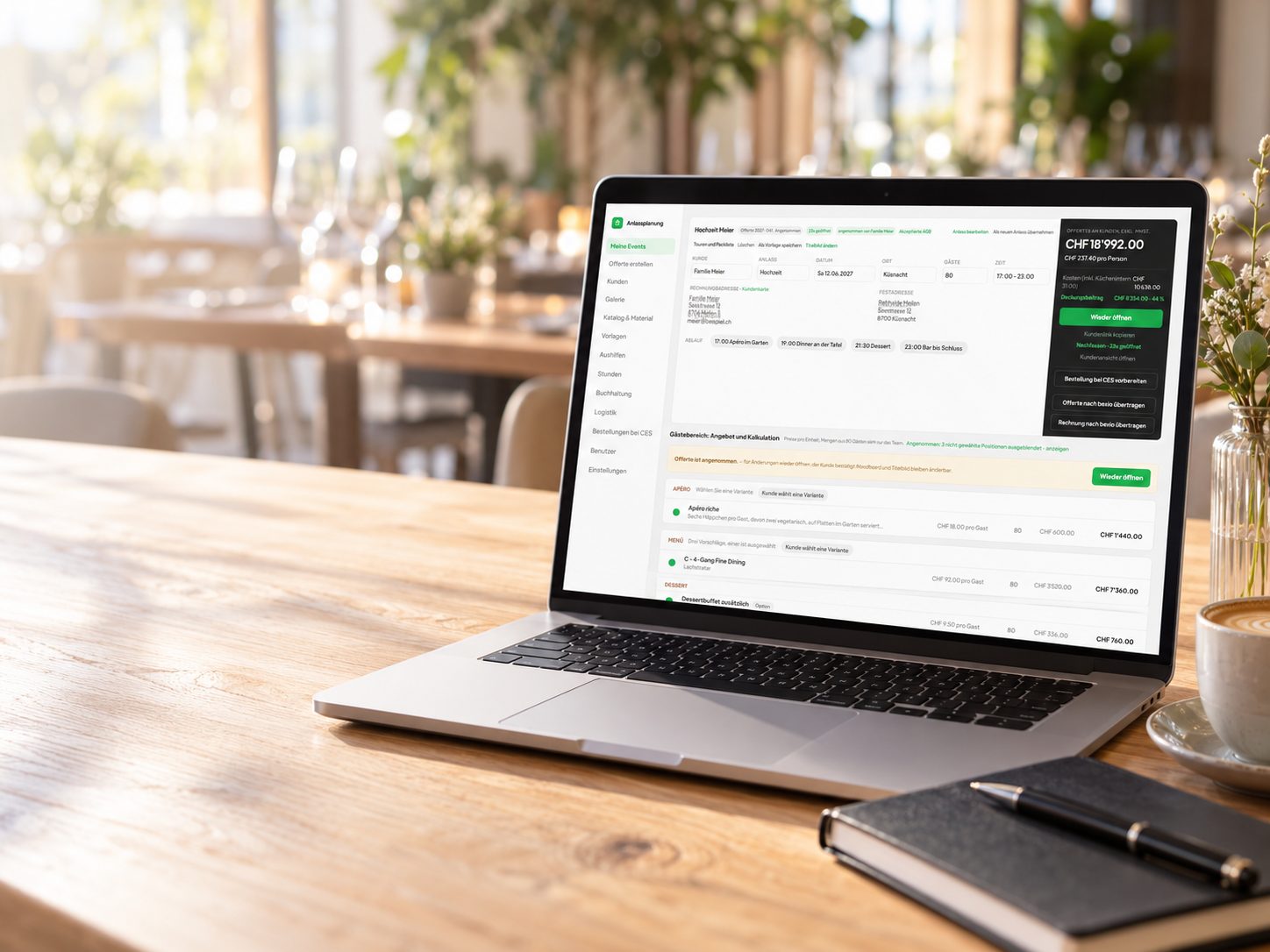 Anlassplanung auf dem Notebook: Anlass «Hochzeit Meier» mit Offerte, Kundenaktivität und Kalkulation