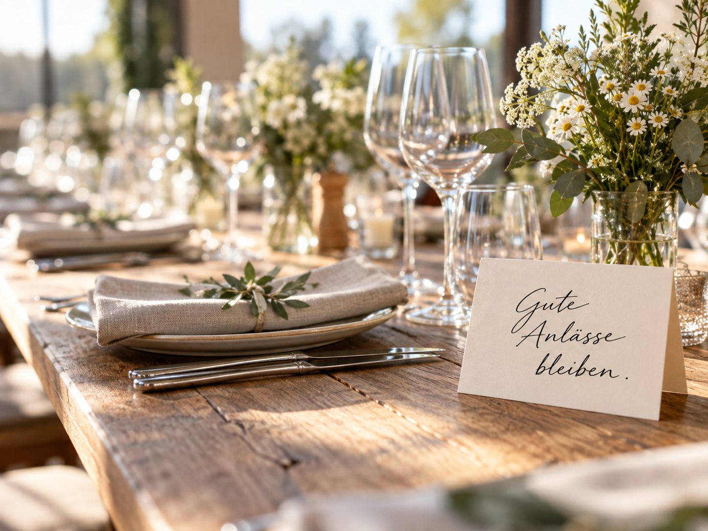Gedeckter Tisch mit Tischkarte «Gute Anlässe bleiben.»
